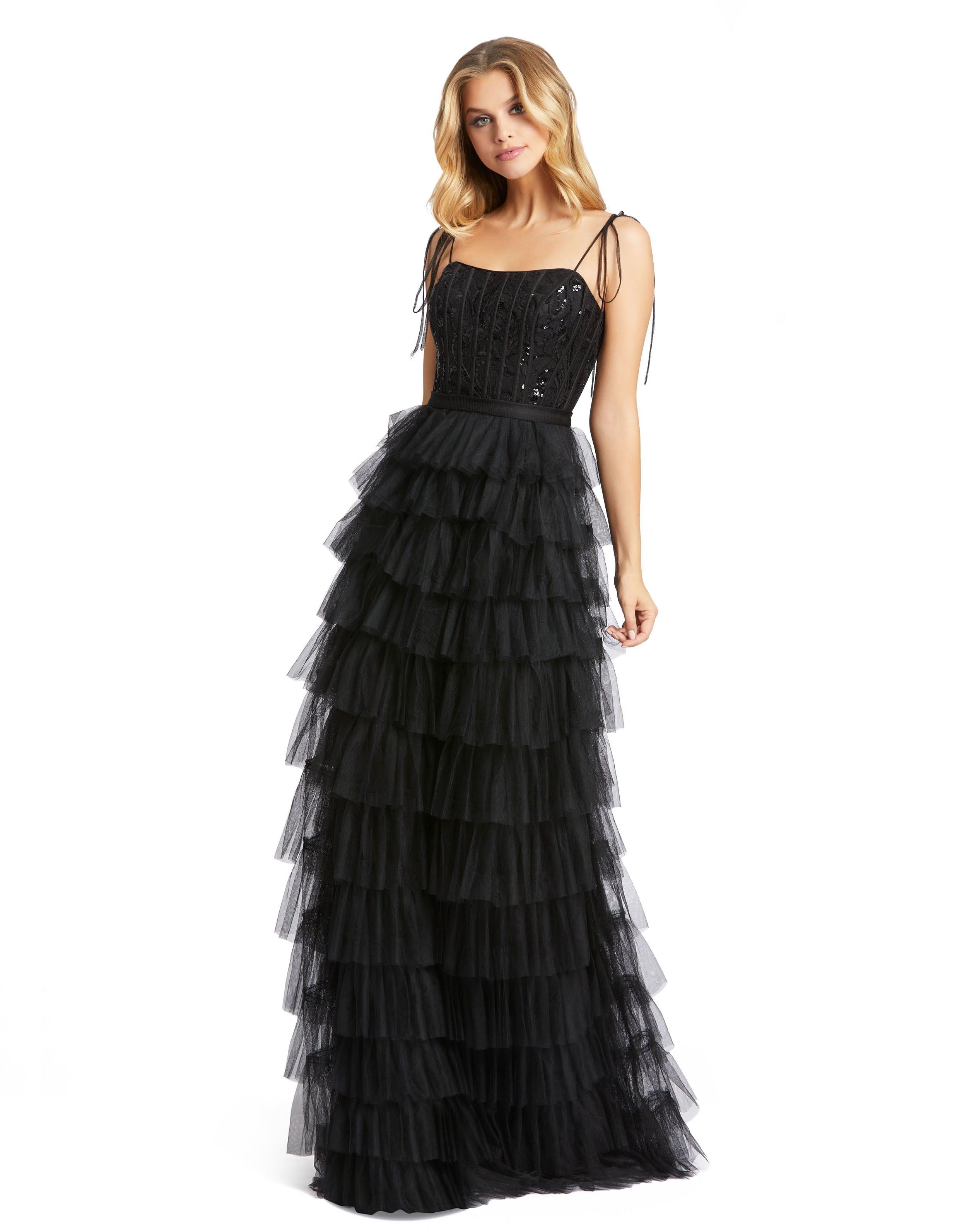 Sequined Tie Bustier Tiered Ruffle Gown sold by Lord & Taylor