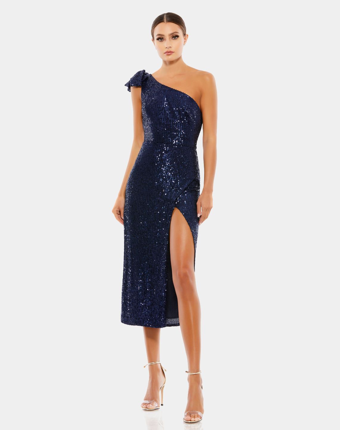 Sequined One Shoulder Bow Midi Dress sold by Lord & Taylor