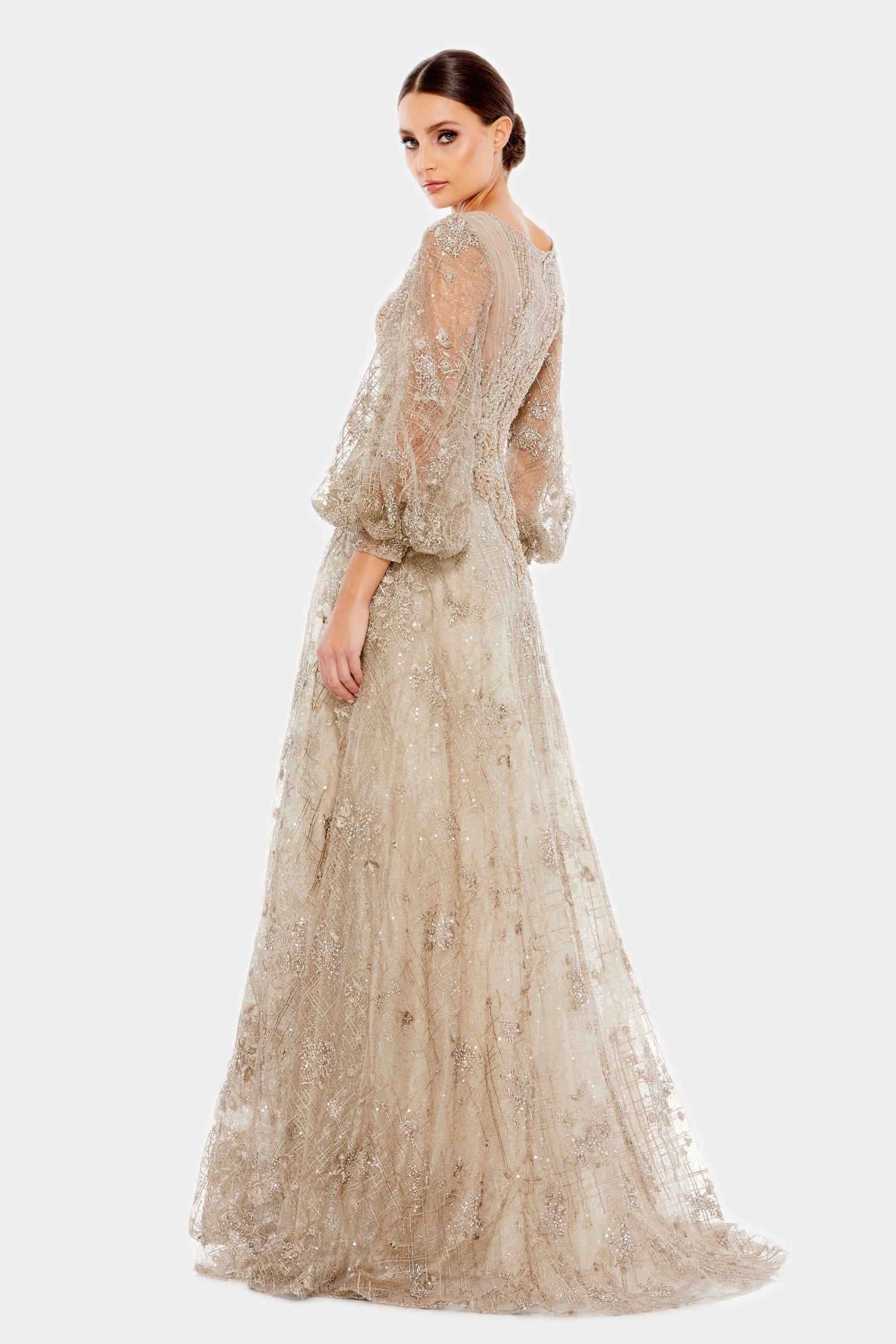 Embellished Plunge Neck Puff Sleeve A Line Gown sold by Lord & Taylor product image thumbnail 3