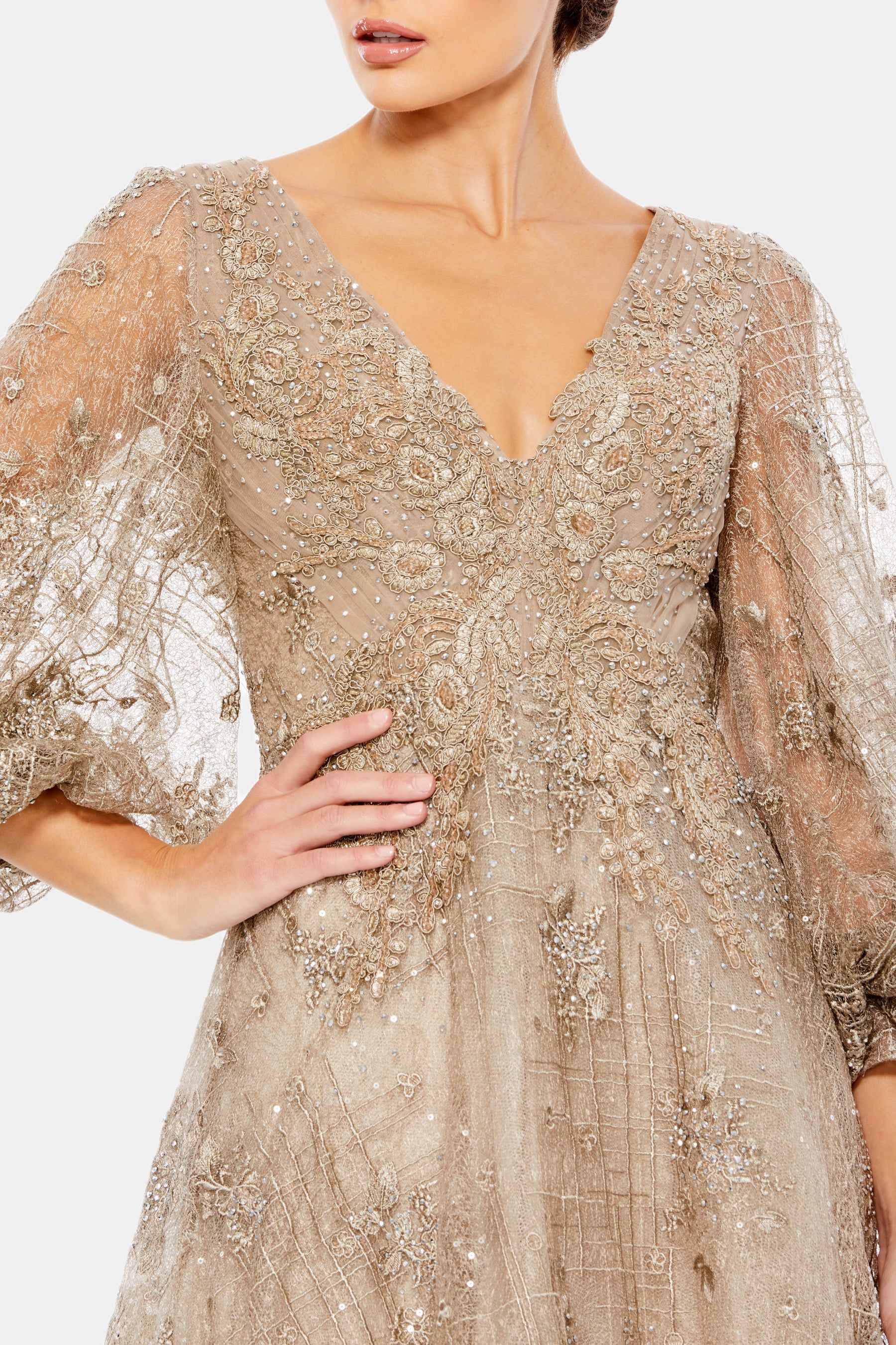 Embellished Plunge Neck Puff Sleeve A Line Gown sold by Lord & Taylor product image thumbnail 4