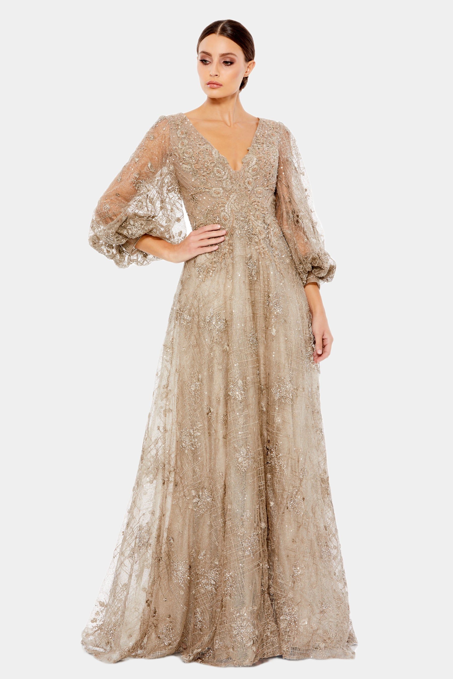 Embellished Plunge Neck Puff Sleeve A Line Gown sold by Lord & Taylor