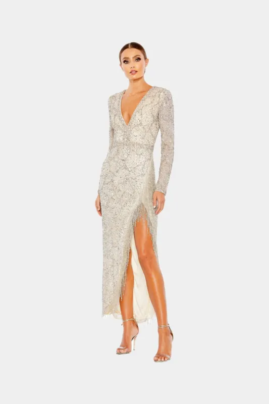 Embellished Long Sleeve V Neck Beaded Hem Gown sold by Lord & Taylor