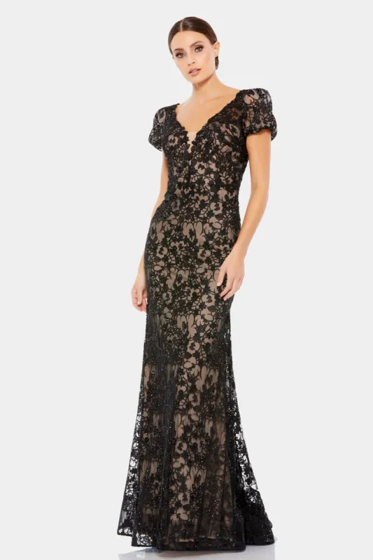 Lace Plunge Neck Short Puff Sleeve Trumpet Gown sold by Lord & Taylor