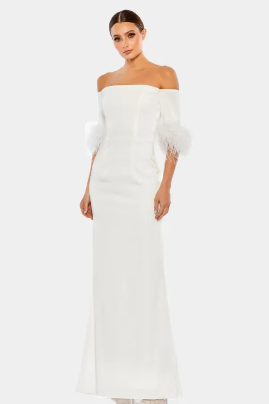 Feather Trim Off the Shoulder Column Gown sold by Lord & Taylor