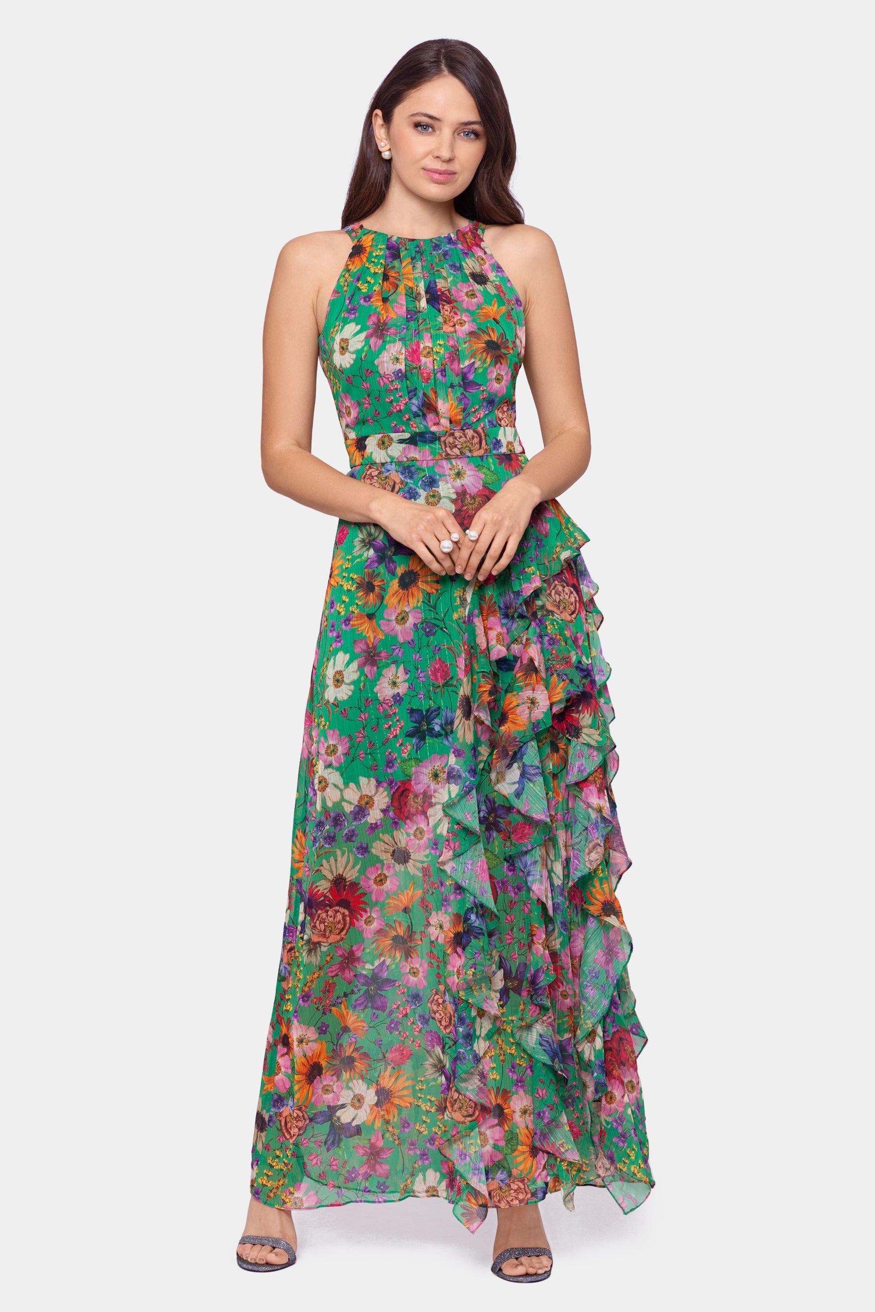 Long Chiffon Printed Halter Ruffle sold by Lord & Taylor