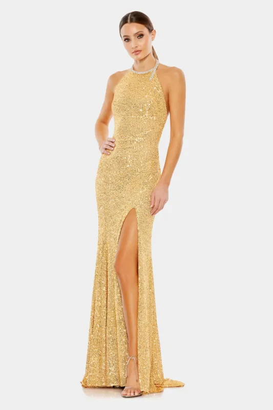 Sequined High Neck Rhinestone Trim Column Gown sold by Lord & Taylor
