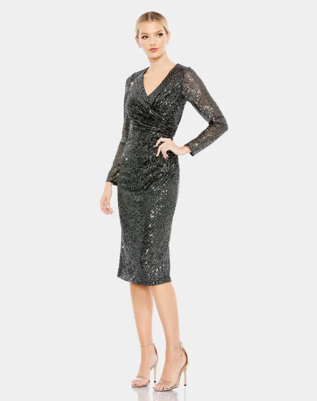 Sequined Faux Wrap V Neck Long Sleeve Midi Dress sold by Lord & Taylor