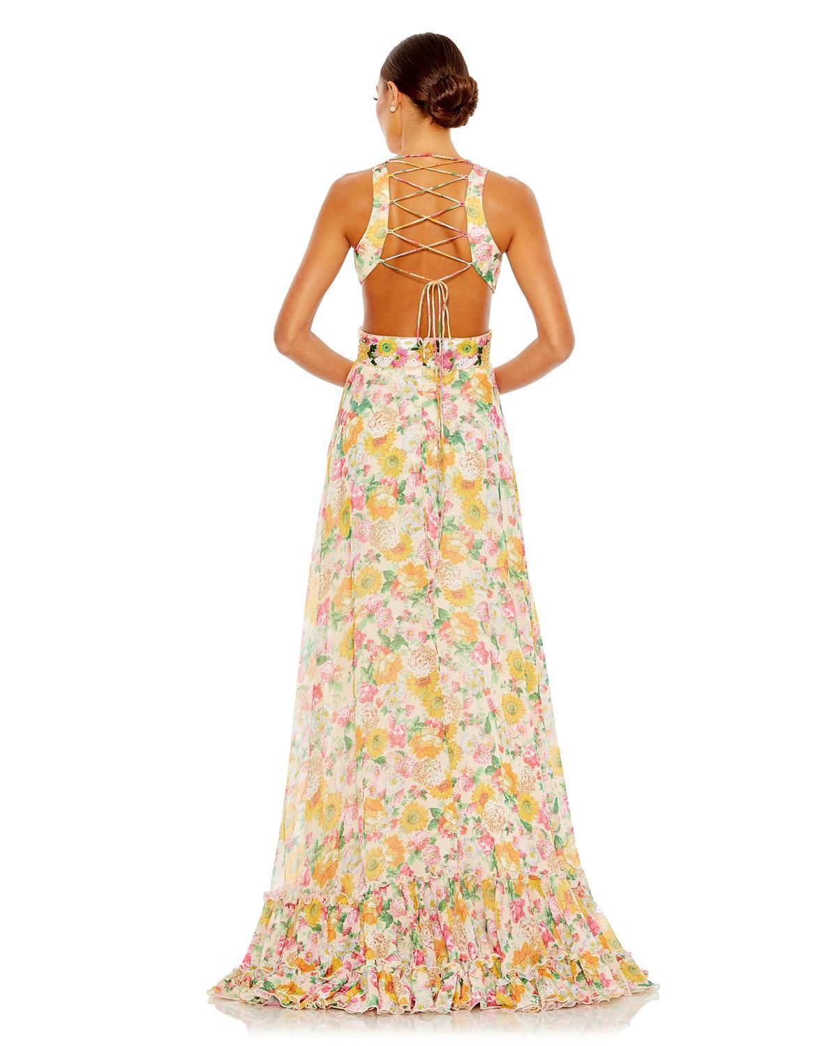 Floral Print Cut Out Lace Up Tiered Gown sold by Lord & Taylor product image thumbnail 2
