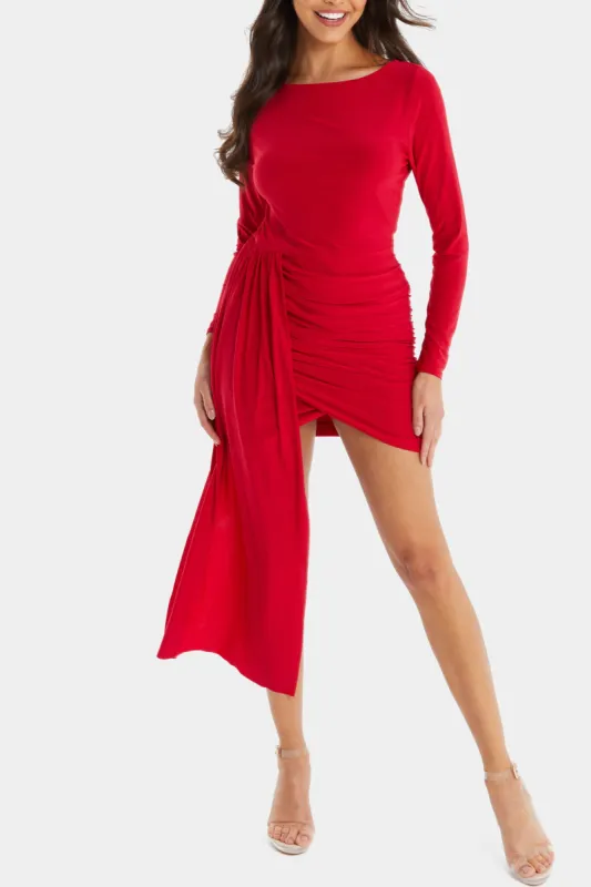 Red Ity Ruched Skirt Long Sleeve Bodycon Dress With Sash sold by Lord & Taylor