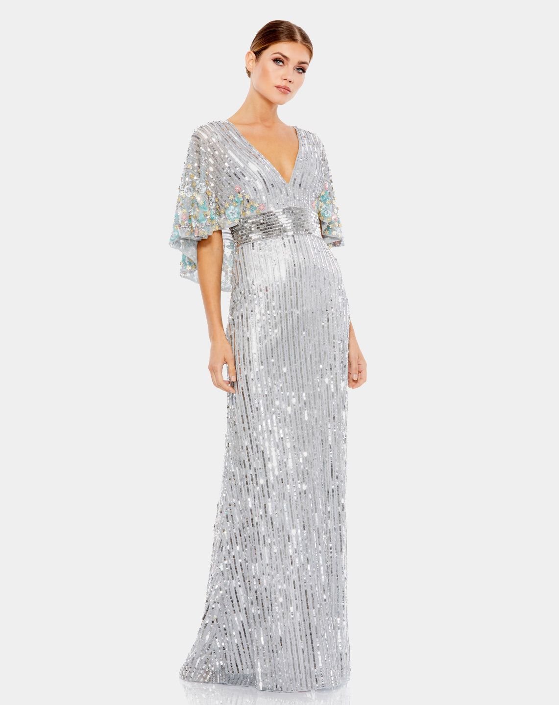 Sequined V Neck Floral Embellished Cape Sleeve Gown sold by Lord & Taylor