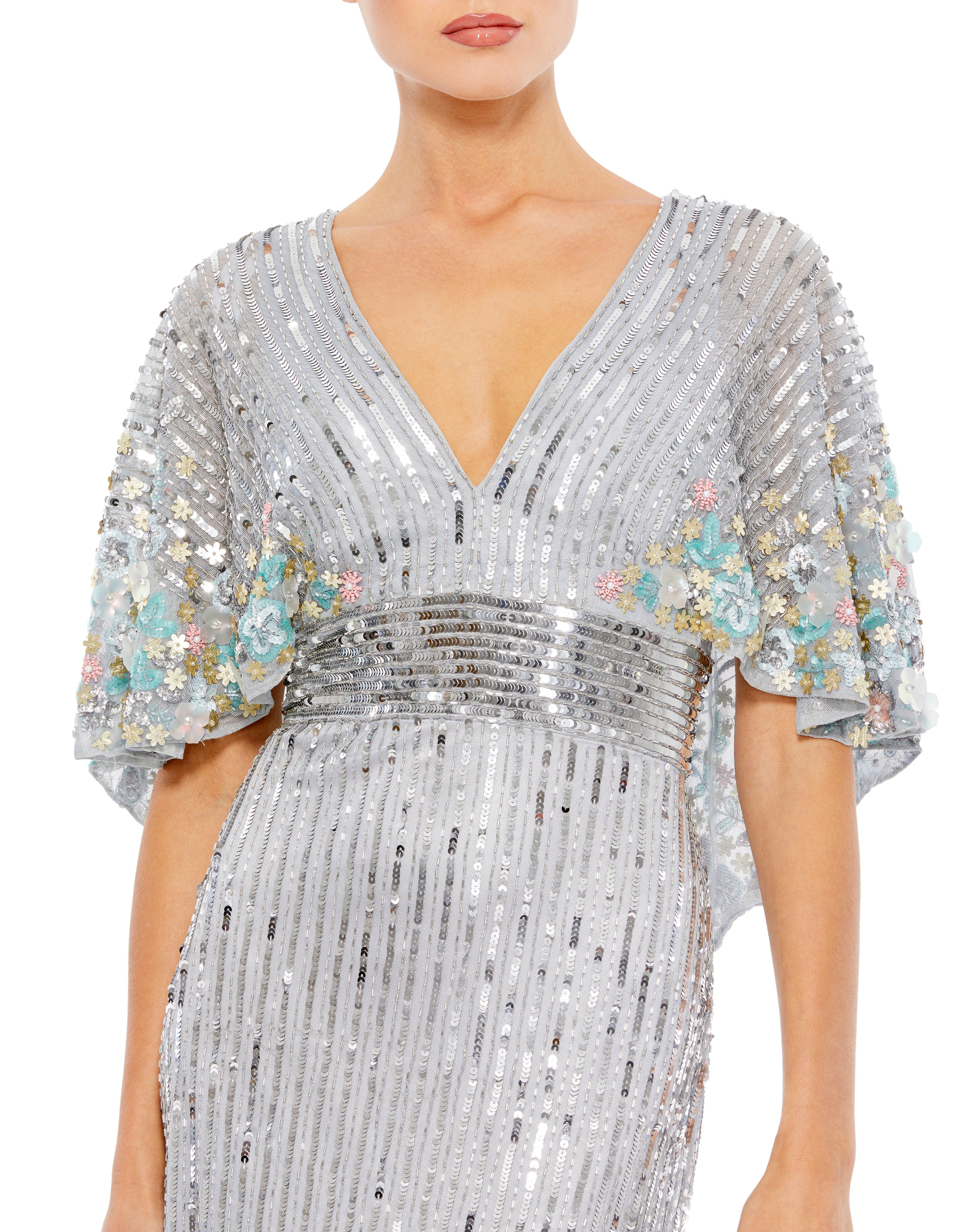 Sequined V Neck Floral Embellished Cape Sleeve Gown sold by Lord & Taylor product image thumbnail 5