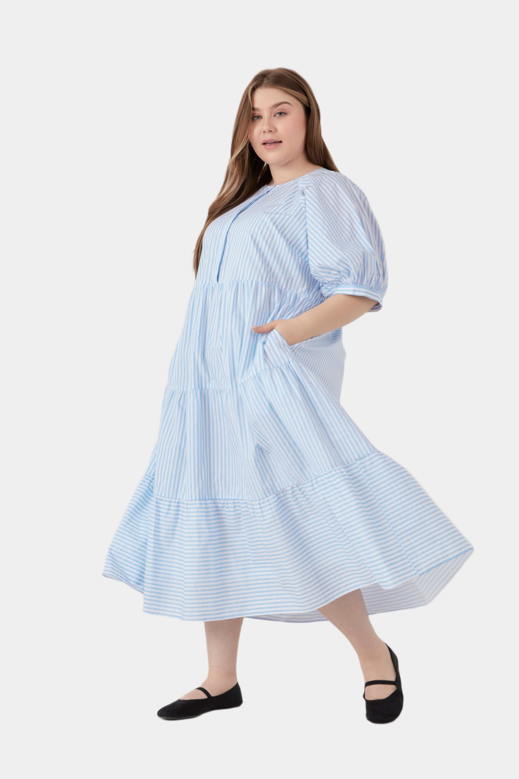 Stripe Puff Sleeve Tiered Midi Dress sold by Lord & Taylor