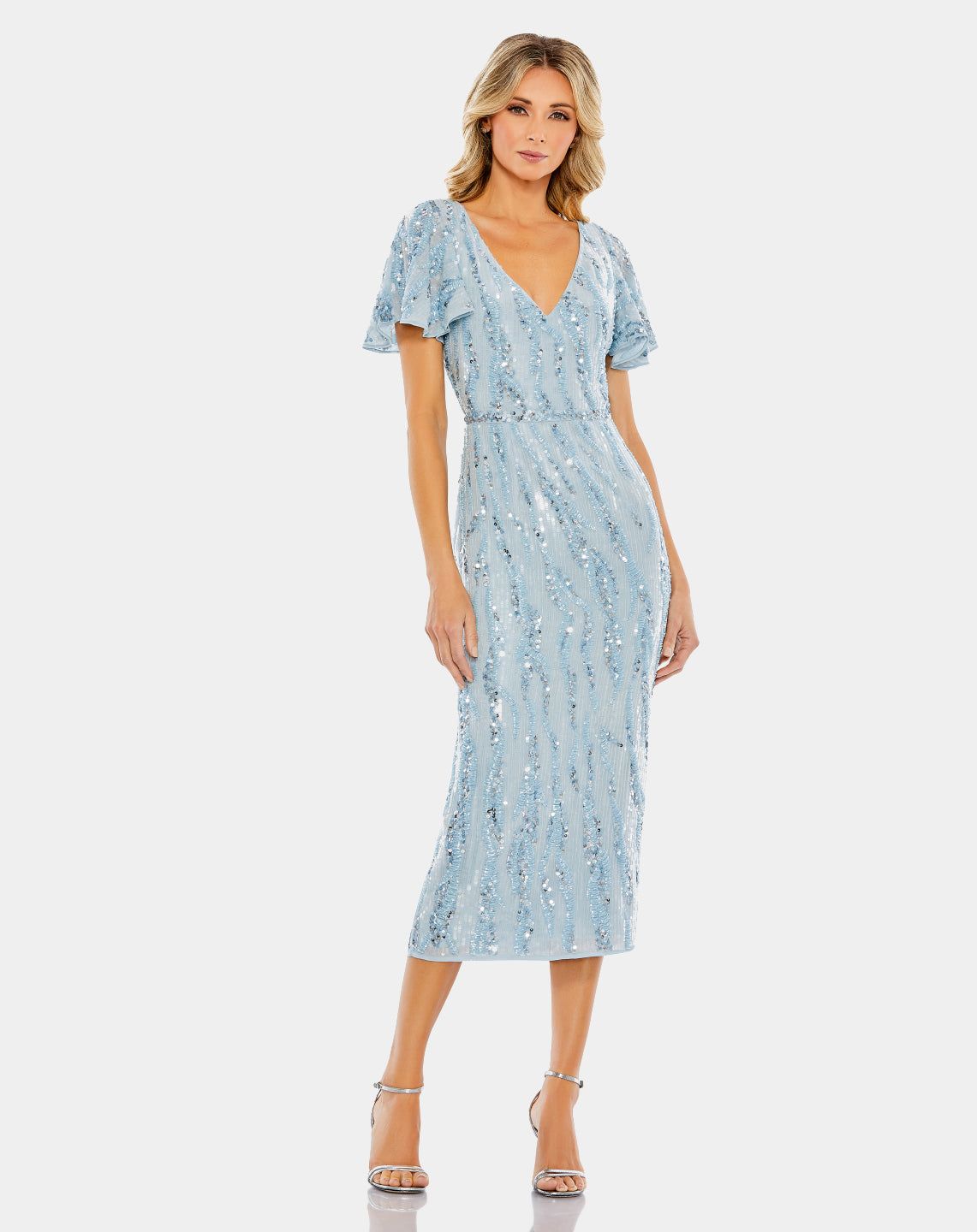 Sequined V Neck Flutter Sleeve Tea Length Dress sold by Lord & Taylor product image thumbnail 7