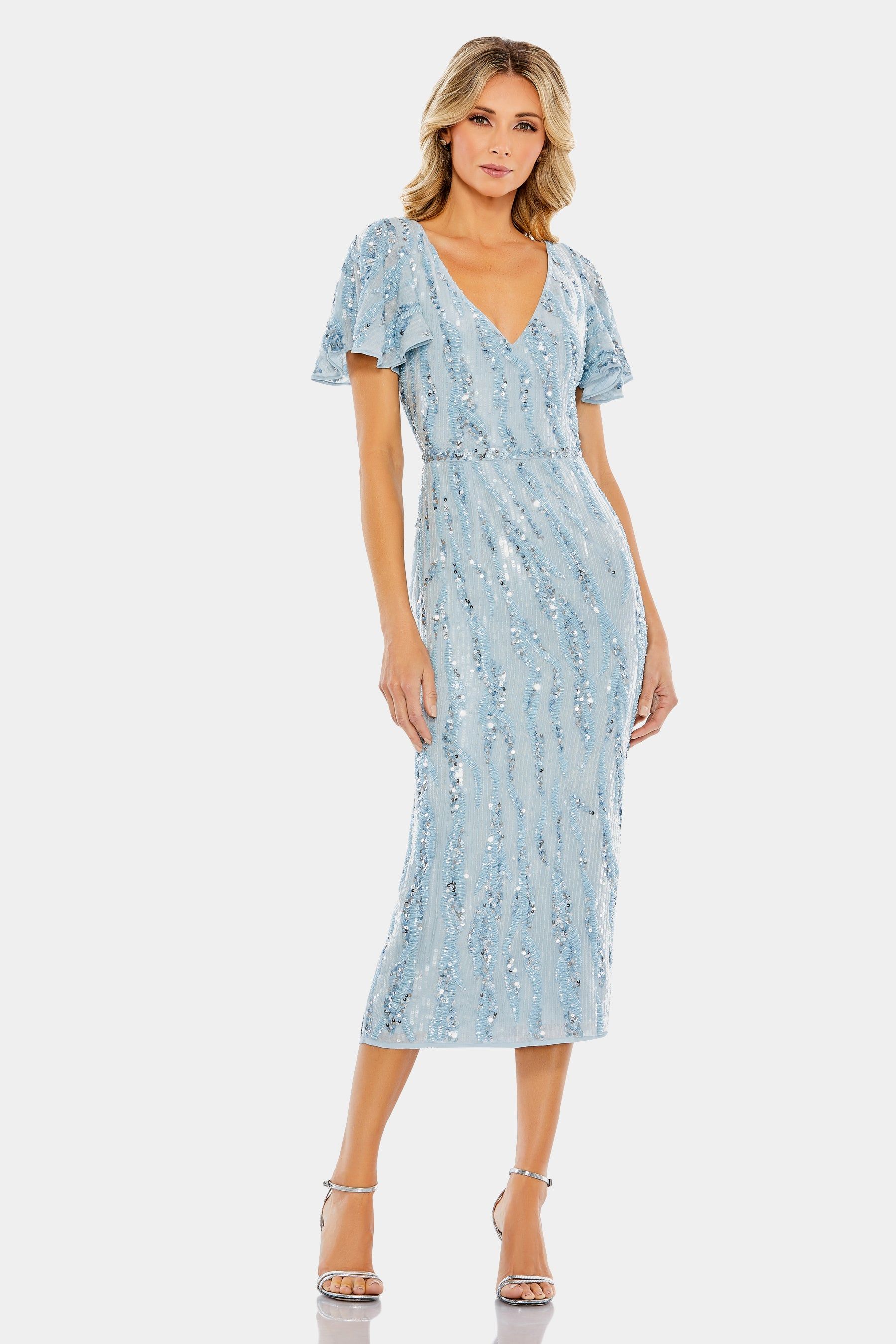 Sequined V Neck Flutter Sleeve Tea Length Dress sold by Lord & Taylor