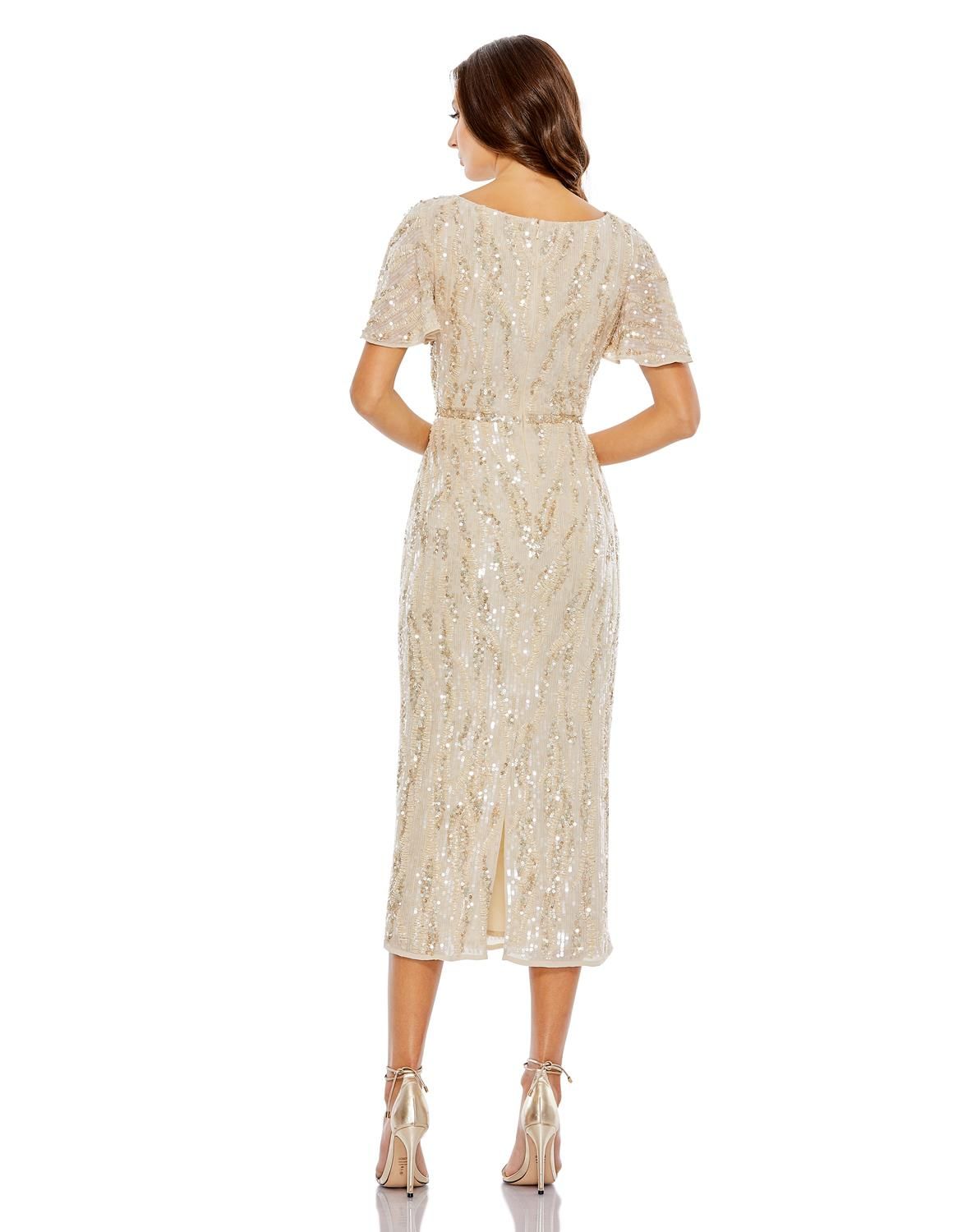 Sequined V Neck Flutter Sleeve Tea Length Dress sold by Lord & Taylor product image thumbnail 2