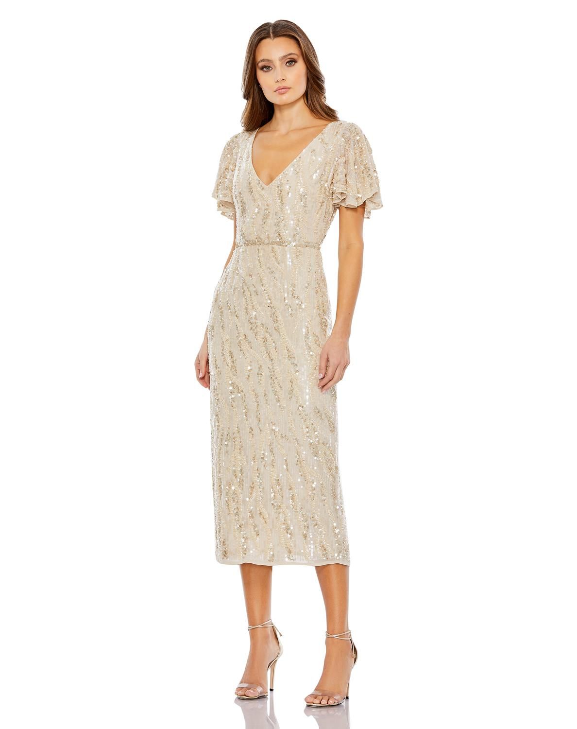 Sequined V Neck Flutter Sleeve Tea Length Dress sold by Lord & Taylor product image thumbnail 12