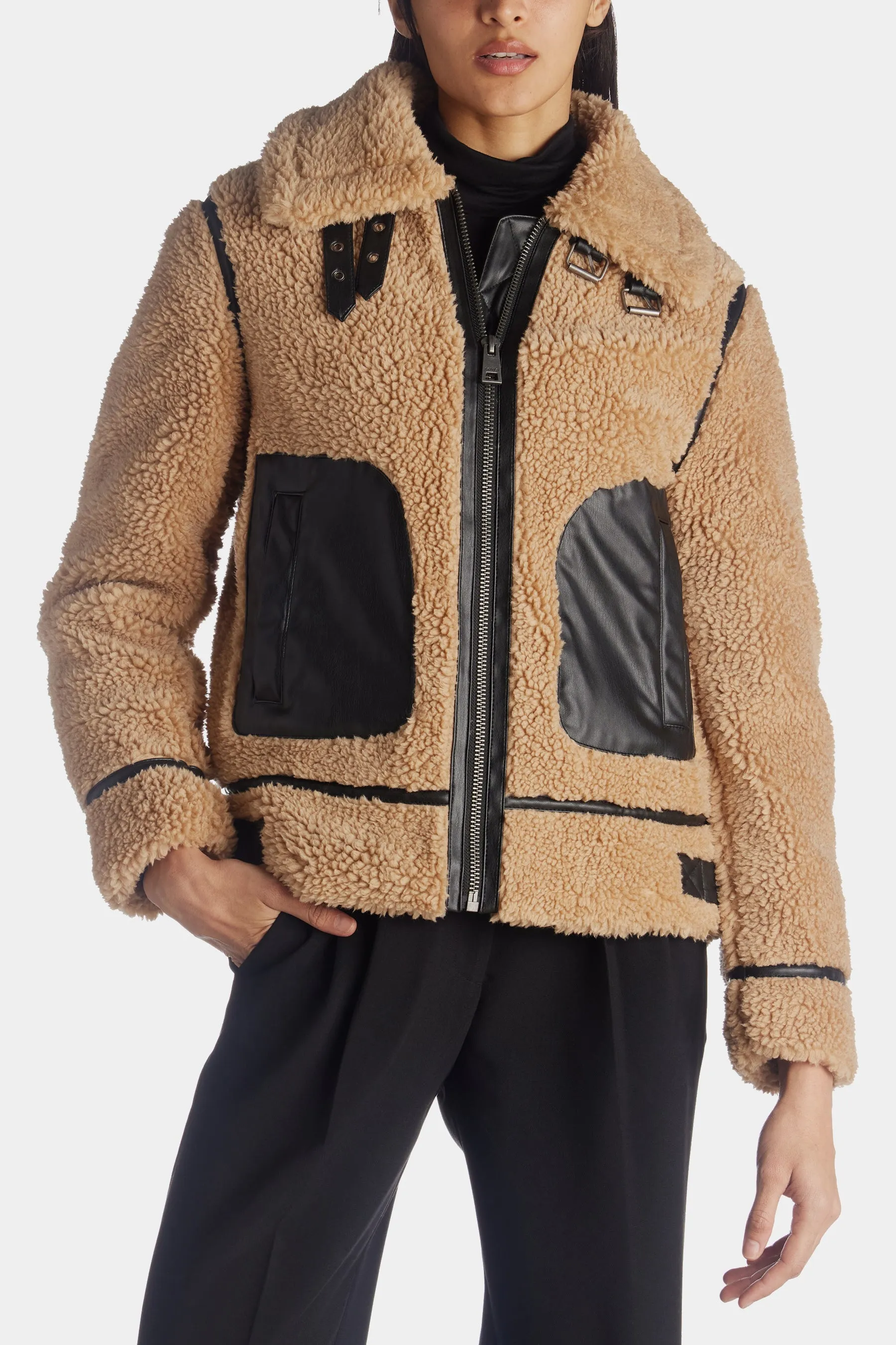 Vegan Leather Trim All Over Sherpa Aviator Jacket sold by Lord & Taylor