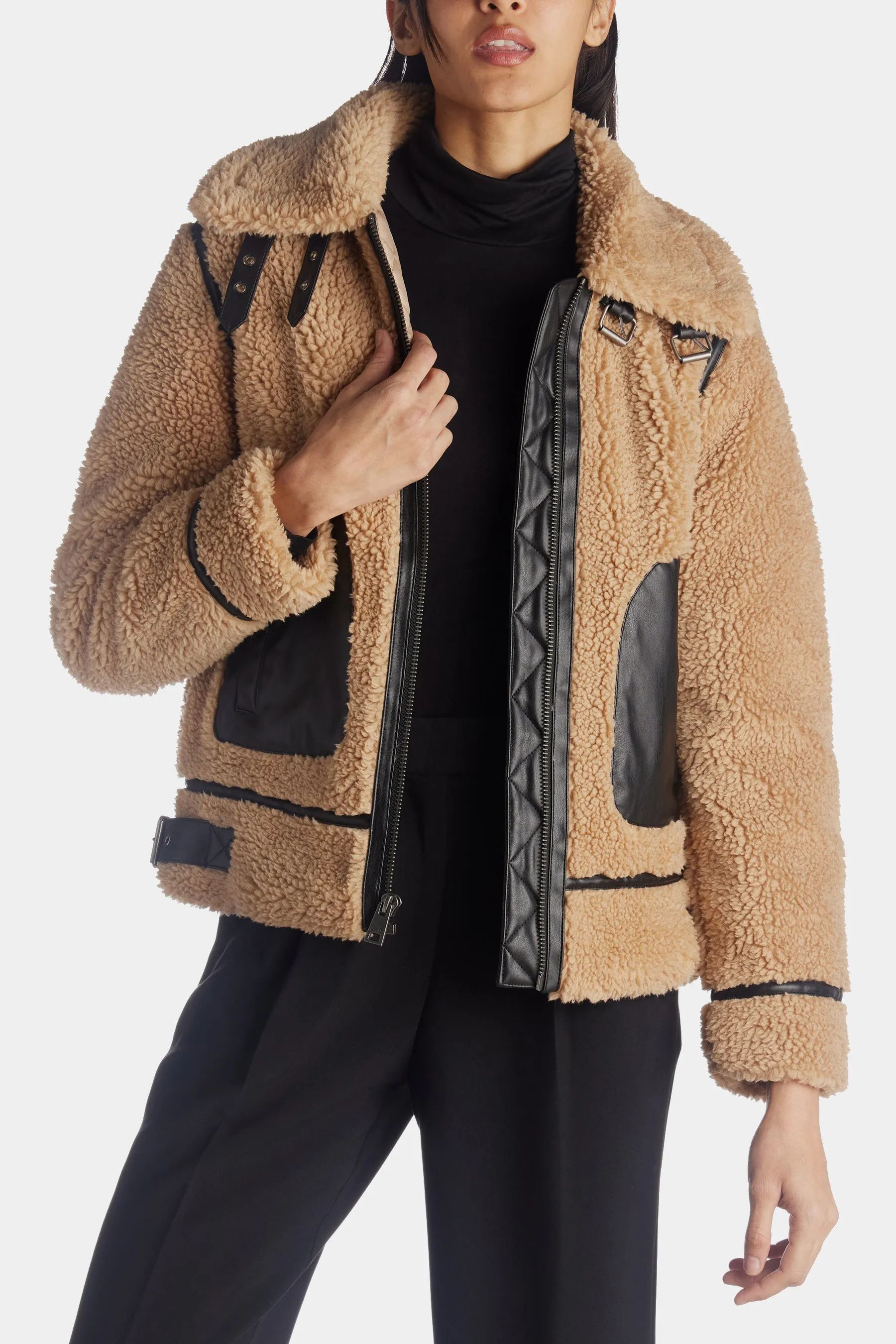 Vegan Leather Trim All Over Sherpa Aviator Jacket sold by Lord & Taylor product image thumbnail 2