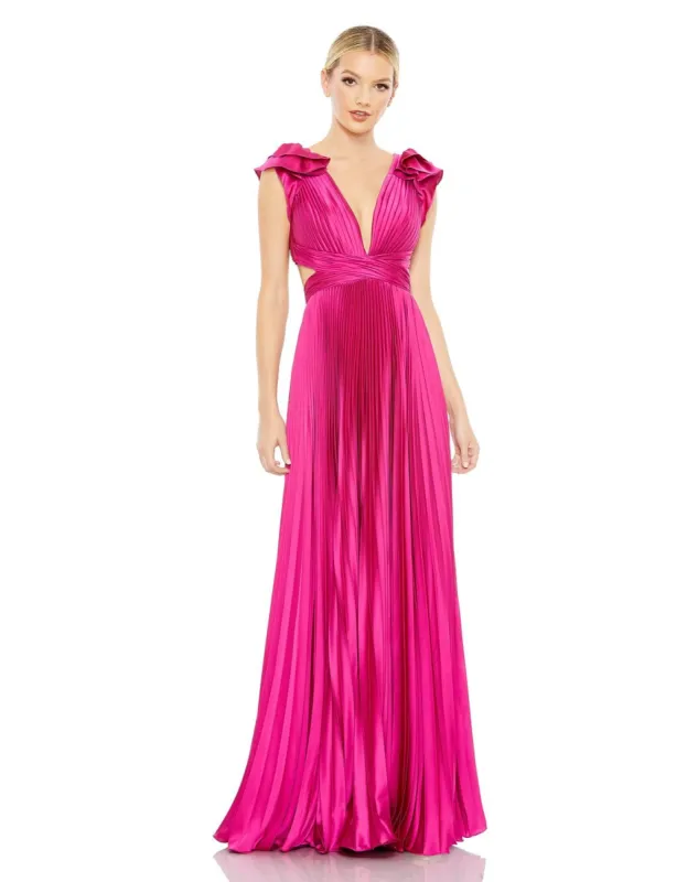 Pleated Ruffled Cap Sleeve Cut Out Lace Up Gown sold by Lord & Taylor