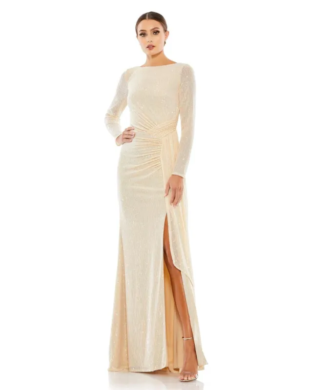 Sequined Ruched Long Sleeve Cowl Neck Gown sold by Lord & Taylor