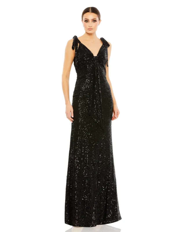 Sequined Low Back Bow Shoulder Gown sold by Lord & Taylor