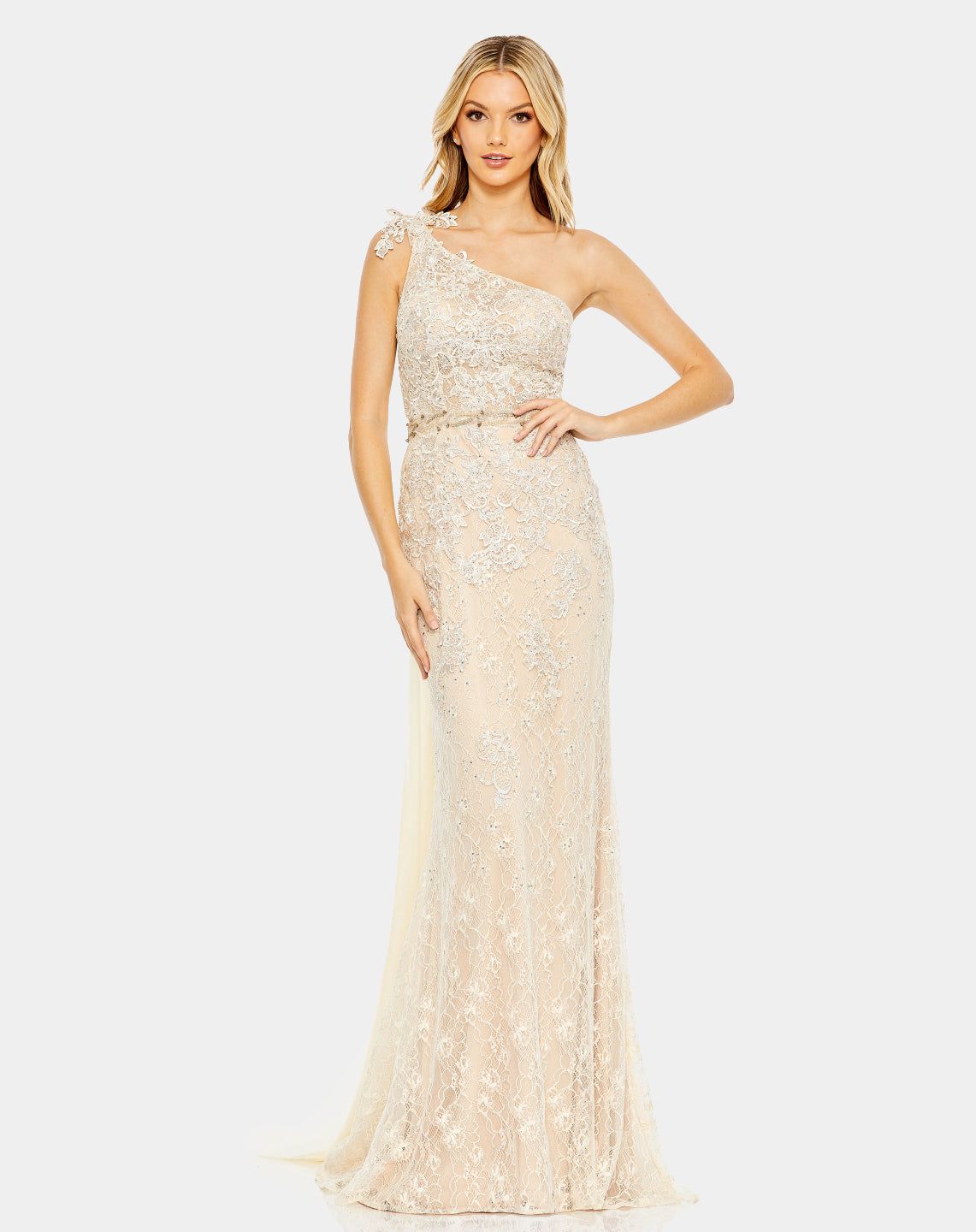 Lace One Shoulder Train Gown sold by Lord & Taylor
