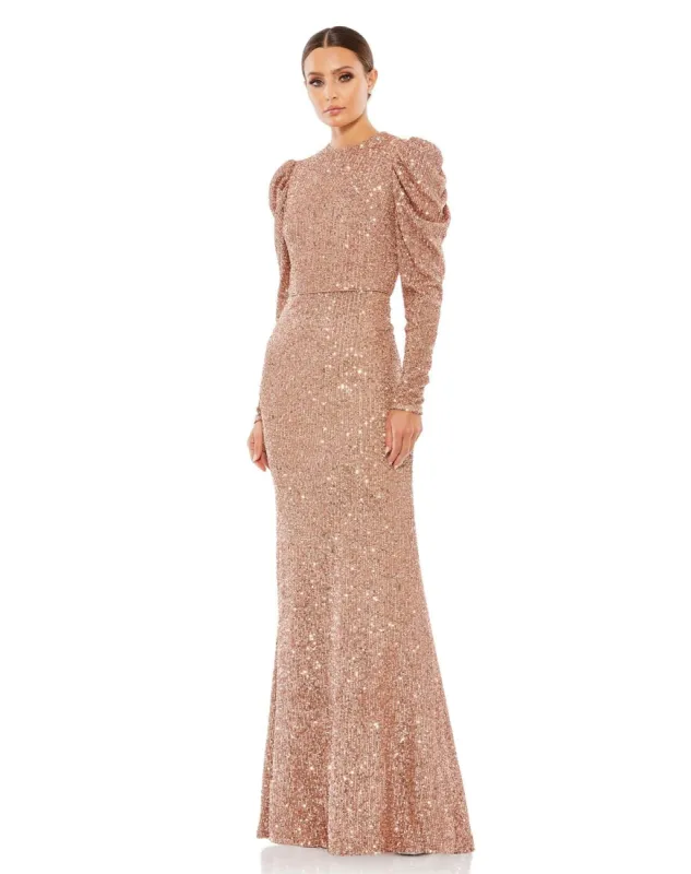 Sequined High Neck Puff Long Sleeve Column Gown sold by Lord & Taylor