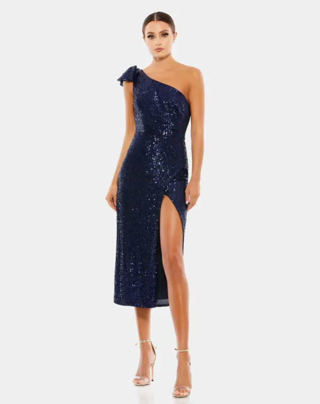 Sequined One Shoulder Bow Midi Dress sold by Lord & Taylor