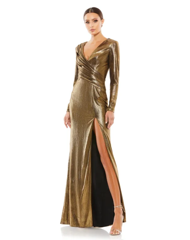 Metallic Long Sleeve Asymmetrical Ruch Gown sold by Lord & Taylor