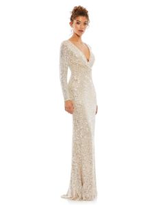 Sequined Faux Wrap Long Sleeve Column Gown sold by Lord & Taylor