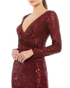 Sequined Faux Wrap Long Sleeve Column Gown sold by Lord & Taylor
