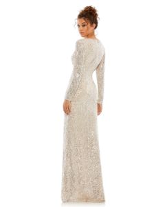 Sequined Faux Wrap Long Sleeve Column Gown sold by Lord & Taylor