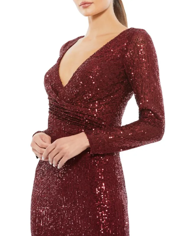 Sequined Faux Wrap Long Sleeve Column Gown sold by Lord & Taylor