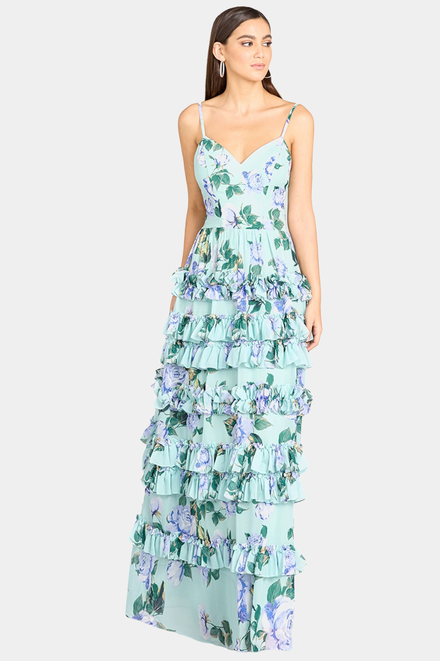Ruffle Skirt Printed Gown with Spaghetti Straps sold by Lord & Taylor