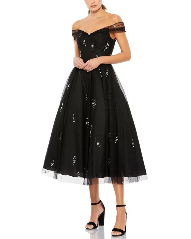Off Shoulder Chiffon A Line Midi Dress sold by Lord & Taylor