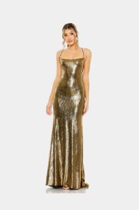 Metallic Corset Back Column Gown sold by Lord & Taylor
