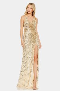 Sequined Faux Wrap Sleeveless Gown sold by Lord & Taylor