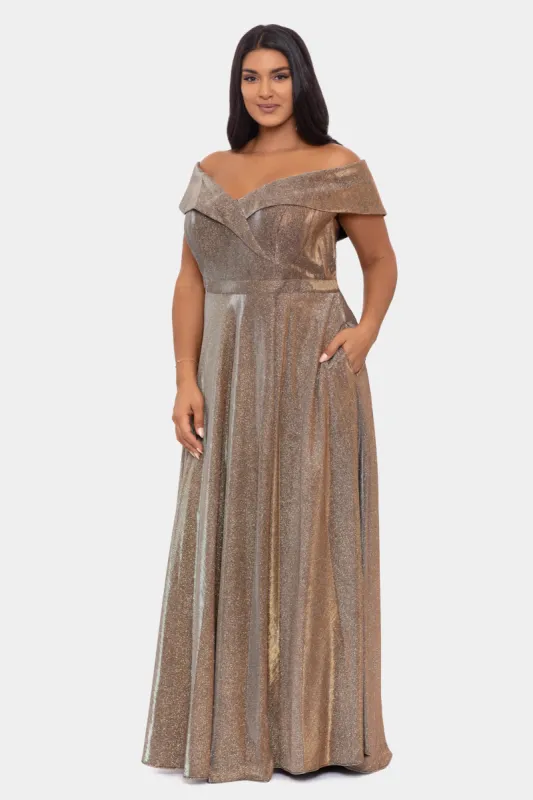 Off the Shoulder Long Glitter Dress sold by Lord & Taylor