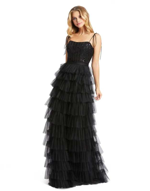 Sequined Tie Bustier Tiered Ruffle Gown sold by Lord & Taylor
