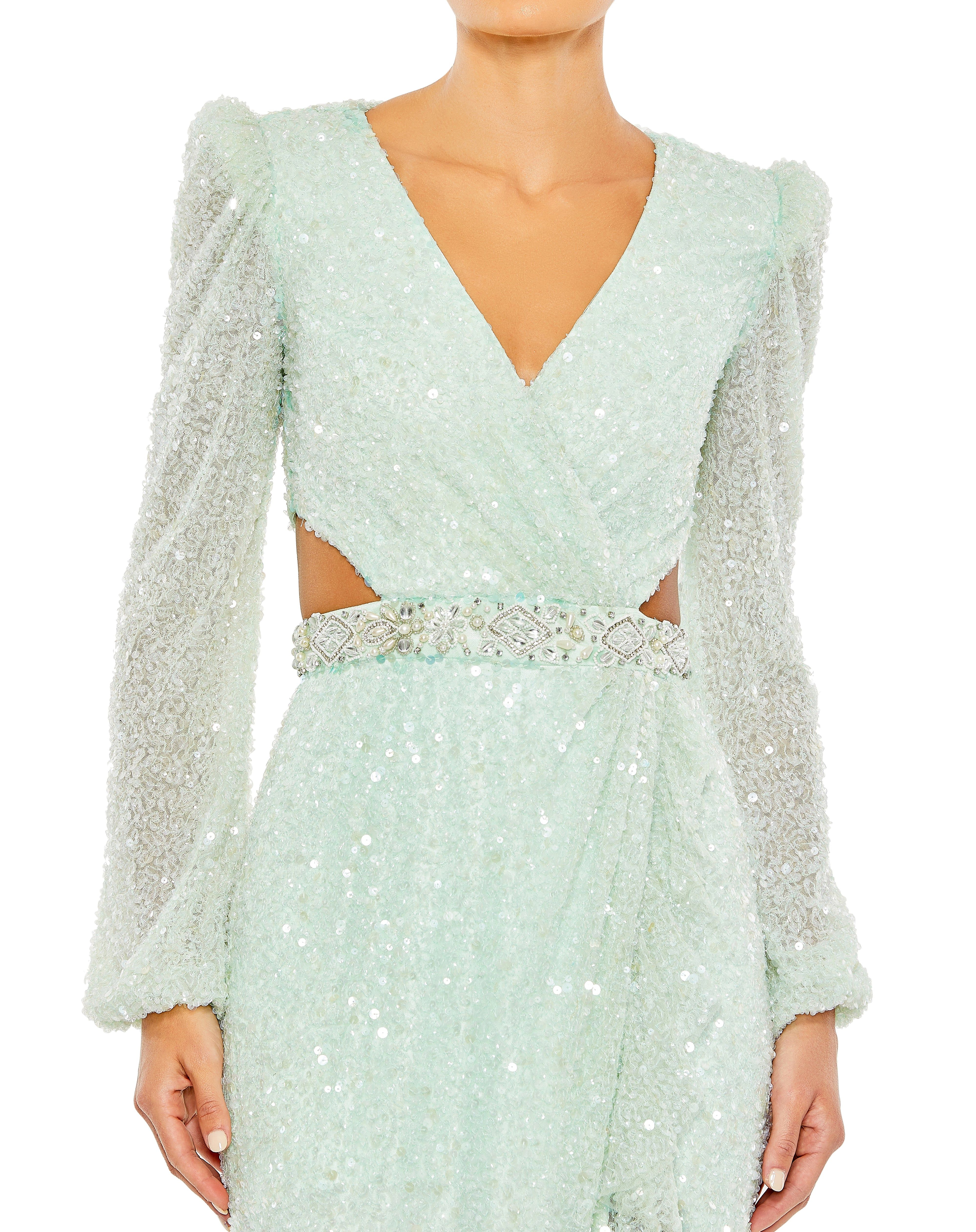 Sequined Faux Wrap Cut Out Puff Sleeve Gown sold by Lord & Taylor product image thumbnail 8