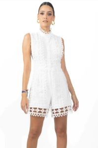 Blaine Sleeveless White Guipure Lace Romper sold by Lord & Taylor