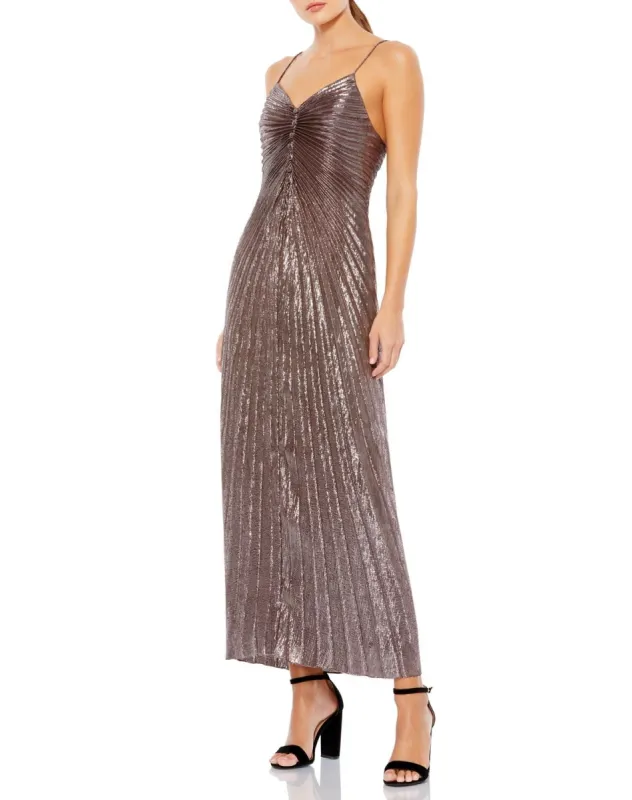 Pleated Metallic V-Neck Maxi Dress sold by Lord & Taylor