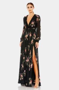 Belted Floral Print Illusion Long Sleeve Gown sold by Lord & Taylor