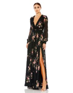 Belted Floral Print Illusion Long Sleeve Gown sold by Lord & Taylor