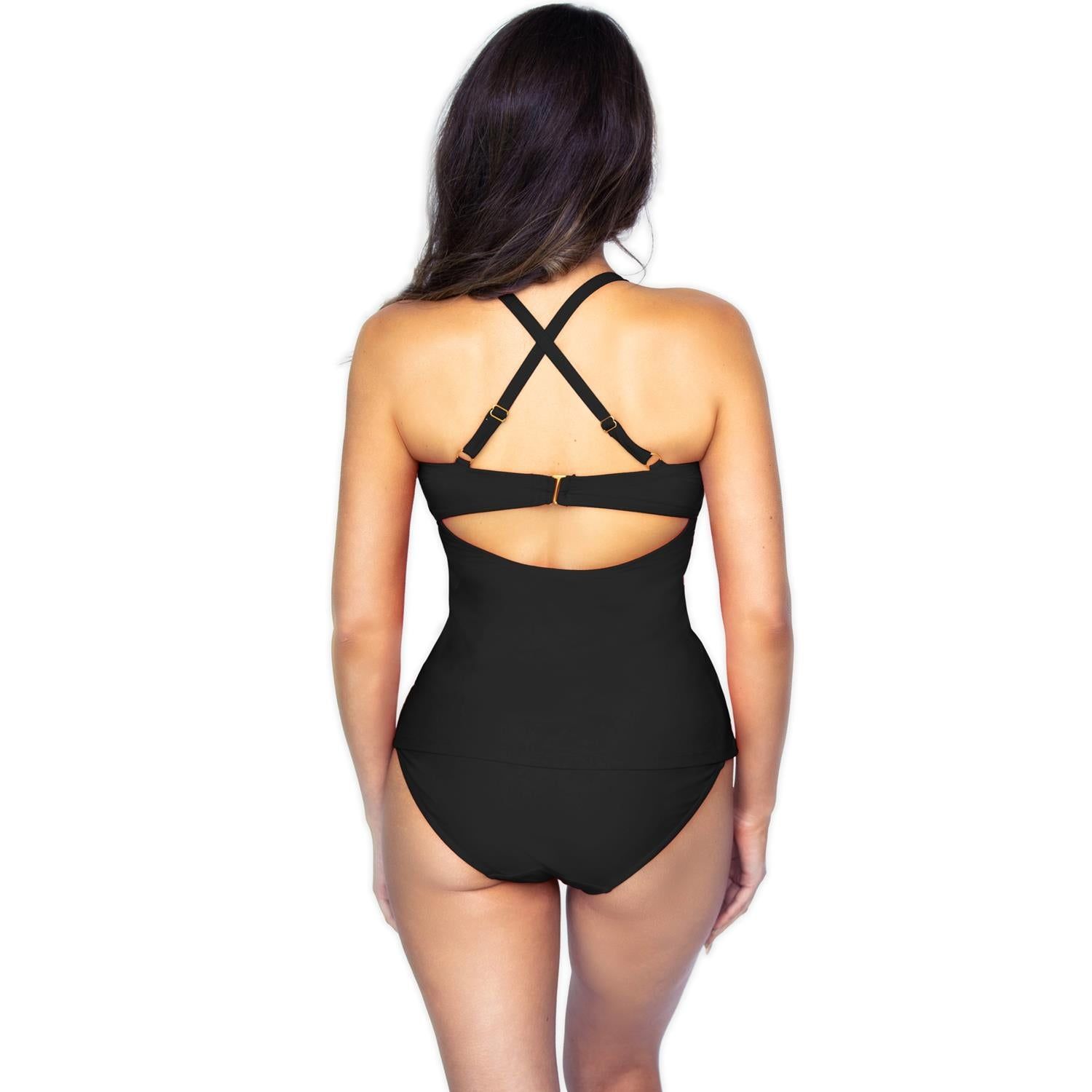 High Neck Lattice Detailed V-Neck Tankini Bikini Top sold by Lord & Taylor product image thumbnail 5