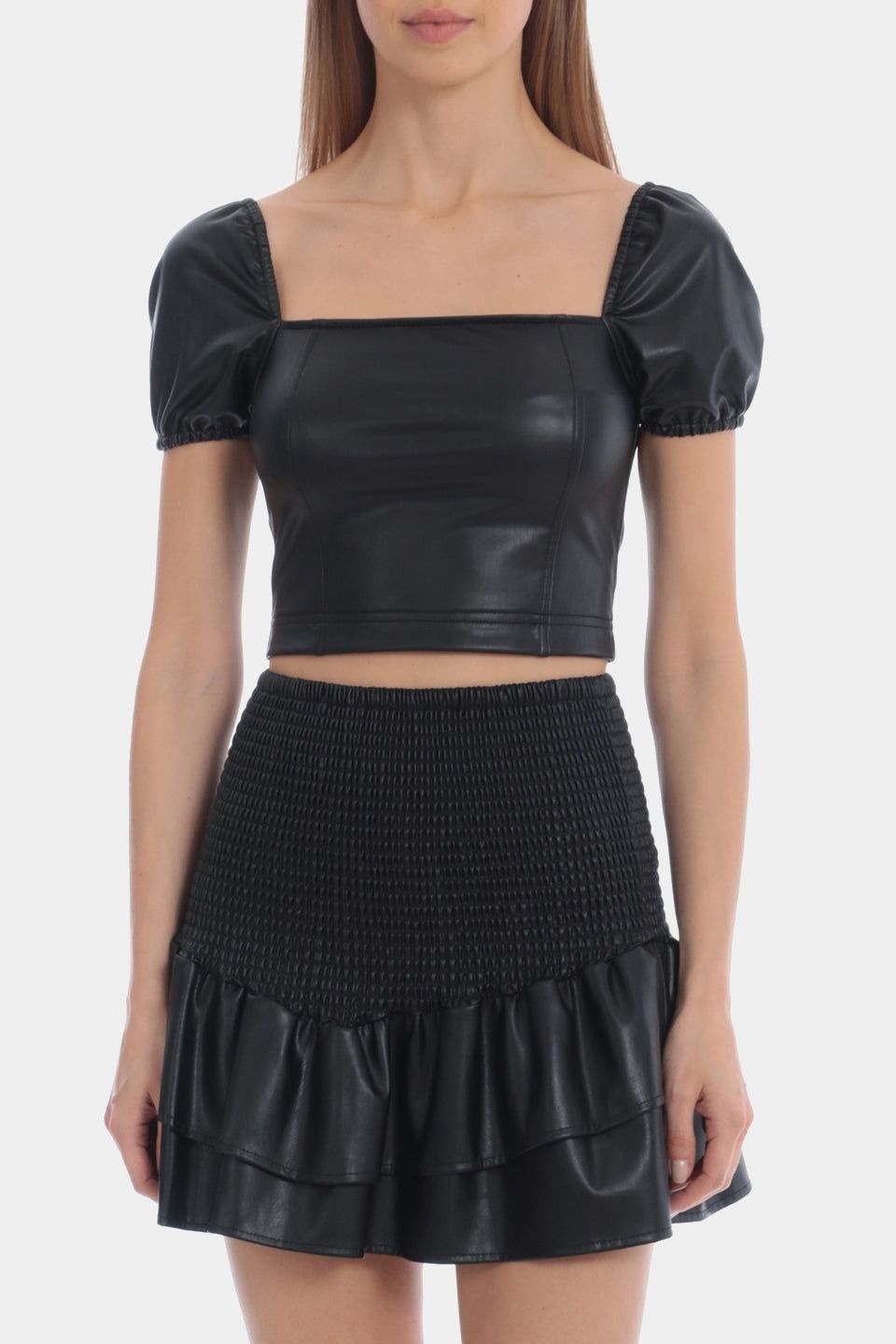 Faux Leather Puff Sleeve Crop Top sold by Lord & Taylor