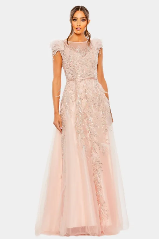 High Neck Feather Detail Beaded Gown sold by Lord & Taylor