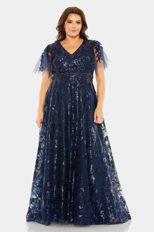 High Neck Flutter Sleeve Embellished A Ling Gown sold by Lord & Taylor