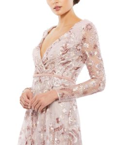 Embellished V Neck Illusion Long Sleeve A Line Gown sold by Lord & Taylor
