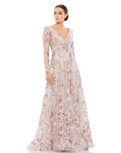 Embellished V Neck Illusion Long Sleeve A Line Gown sold by Lord & Taylor